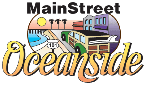 MainStreet Oceanside logo with palm trees, beach, road sign, and colorful buildings under a sunset sky
