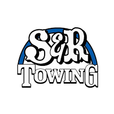 S&R Towing logo in black and white with blue arch accents