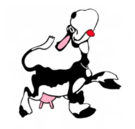 Cartoon black-and-white cow with pink udder and tongue, standing in profile on a white background