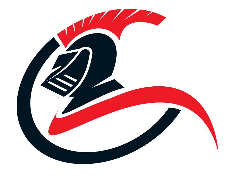 Abstract black, red, and white swoosh logo forming a stylized person or athlete