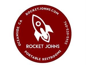 Rocket Johns portable restrooms logo with white rocket on red circular background